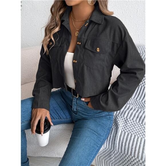 Corduroy Button-Up Dropped Shoulder Jacket - Picture 6 of 16